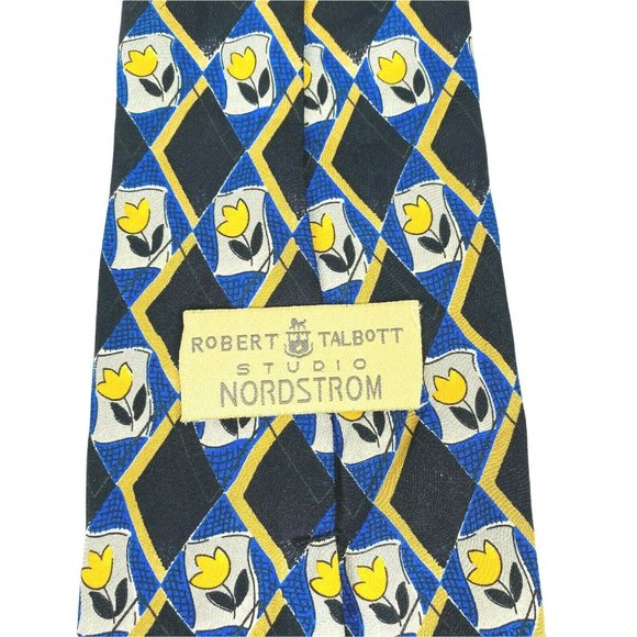 Robert Talbott Mens Tie‎ Studios Black Blue Yellow Floral Accents 100% Silk USA - Picture 6 of 10
